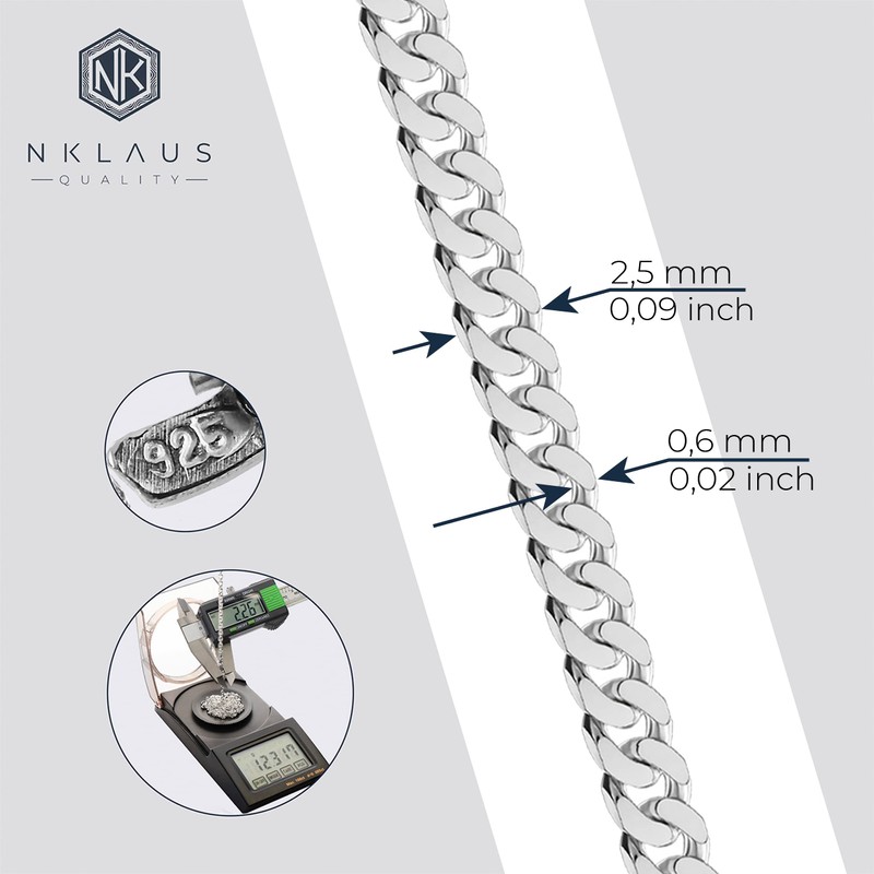 NKlaus 925 Sterling Silver Curb Chain 2.50 mm Wide, Silver