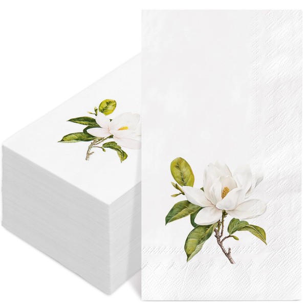 FYSUIMU 100Pcs Magnolia Floral Paper Guest Napkin White Flower Bathroom