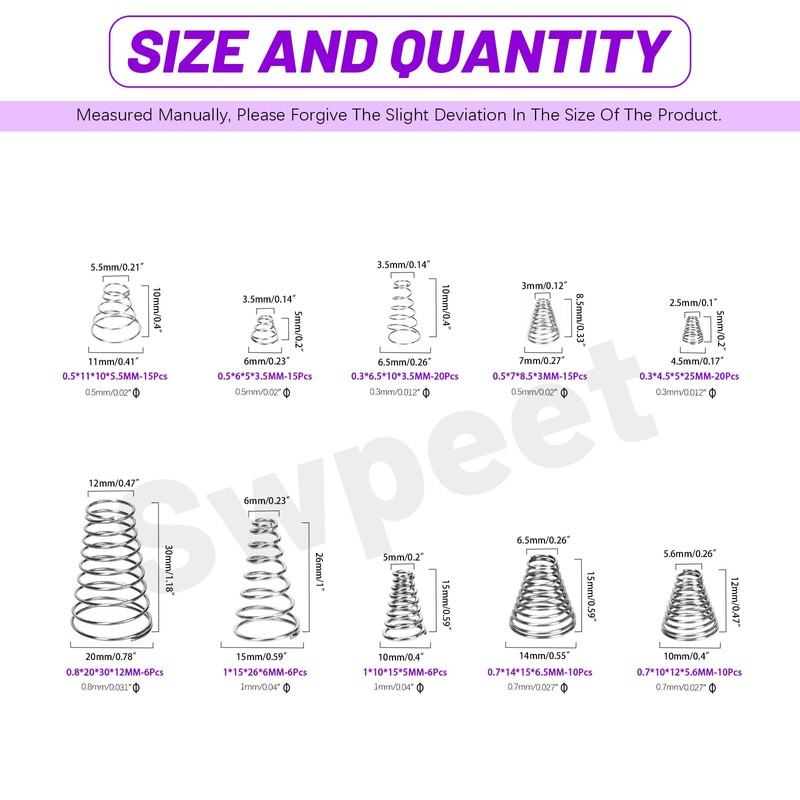 Swpeet 123Pcs 10 Sizes 0.3/0.5/0.7/0.8/1 Stainless Steel Conical Spring Taper