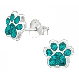 Paw Print .925 Sterling Silver Very Tiny Stud Earrings, 2nd Ear Piercing (Green 002)