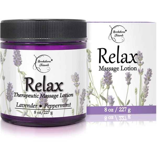 Relax Therapeutic Massage Lotion â All Natural Enriched with Lavender & Peppermint Essential Oils Perfect for Massage Therapy - Massage Cream for Full Body Massage - Brookethorne Naturals 8oz