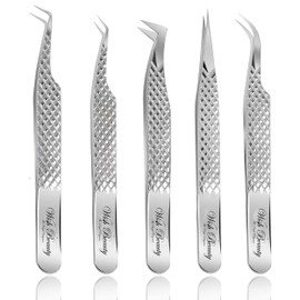 Wishbeauty Eyelash Extension Tweezers Set 5 PCS for Volume Lash Extensions Stainless Steel Eyelash Tweezers for Extensions - Silver