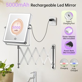 FASCINATE 5000mAh Rechargeable Wall Mounted Makeup Mirror with Lights, 8.7 Inch Double Sided Touch Switch 1X 30X Magnifying Bathroom Mirror, 3 Color Lights Dimmable Extended Arm 360°Rotation (Chrome)