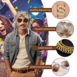 Vokuhila Wig, 6 Mullet Wig Men, Men Blonde Mullet 80s Wig, Blonde Wigs Sunglasses Necklace Beard, 80s Outfit Men for Carnival, Theme Party, Cosplay, Party