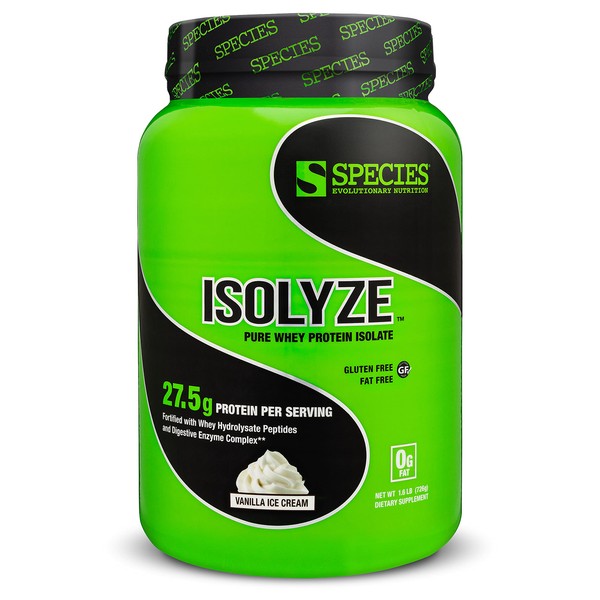Species Nutrition Isolyze Whey Protein Powder, 100% Whey Isolate Protein, Whey Protein for Muscle Building, 27.5g Protein Per Scoop, No Sugar & Low Fat Protein (Vanilla Ice Cream, 22 Servings)