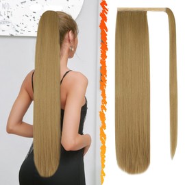 DAVBNM Ponytail Extension, 24 Inch Long Straight Pony Tail Synthetic Hairpieces Fake Pony Tails Hairpiece for Women, Long Wrap Around Pony-tail Hair Extension, Blonde Mixed