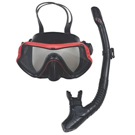 Diving Snorkel kit，Adjustable Panoramic View Anti-Fog Diving Mask，Snorkeling Gear for Adults (Black & Red)