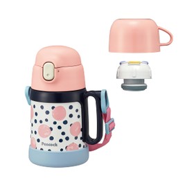 Peacock ASK-W40 CRD Children's 2-Way Water Bottle, 13.7 fl oz (400 ml) / 12.2 fl oz (360 ml), Includes Straw, Cup, Kids Bottle, Insulation, Coral Dot
