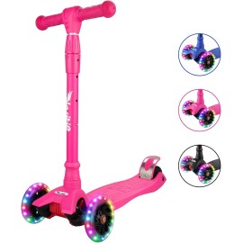 Unbranded Kick Scooter for kids LED Lights Adjustable Handlebar Rear Brake For 3-12 Kids - Pink