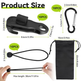 Tarp Clips Set, Tarp Tensioner, Tarp Attachment with 10 Tent Bungees Cords and 10 Carabiner Clips, Shark-shaped Tarp Clips, Tarp Clip Clamp for Tents, Canopies, Motorhomes, Pack of 30