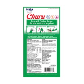 INABA Churu Cat Treats, Grain-Free, Lickable, Squeezable Creamy Purée Cat Treat/Topper with Vitamin E & Taurine, 0.5 Ounces Each Tube, 24 Tubes (4 per Pack), Tuna with Chicken Recipe