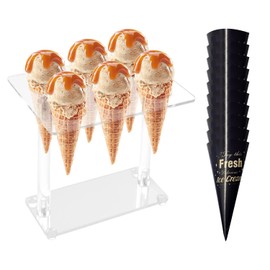 NXPWRC 1 Piece Ice Cream Cone Stand, 10 Pieces Ice Cream Paper Tray, Ice Cream Stand, Ice Cream Snow Cone Stand, Ice Cream Display Stand