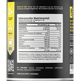Gas Relief de 180 cpsulas. Ingredientes naturales Carbn Vegetal, Camomila, Papana, Alfa-Galactosidasa, Probiticos. Gas Relief B Life.                 