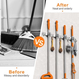 CUXIXA Mop and Broom Holder Wall Mount, Upgraded Broom Organizer Wall Mount, Stainless Steel Broom Hanger Wall Mount for Home Kitchen Garden Laundry Garage (4 Racks with 5 Hooks Silver)