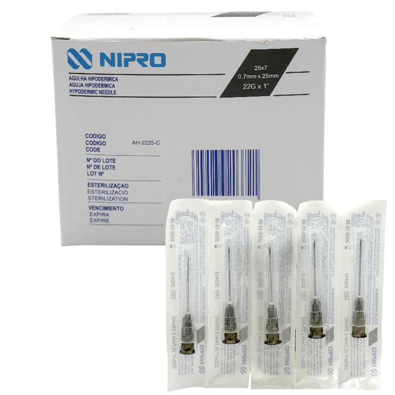 NIPRO Aguja Hipodérmica 22G x 25 mm (1”), Negra, Estéril