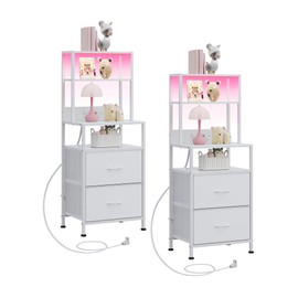 WLIVE Nightstand Set of 2 with Charging Station, LED Night Stands with 2 Fabric Drawers and 4 Storage Open Shelves, Bedside Table Sets for Bedroom, White