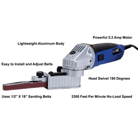 Eastwood Electric Mini Belt Sander | Robust 5.3 Amp Motor | Sanding and Grinding Tool | Lightweight Aluminum Body with Swivel Head | Grinder File With 120 Grit Abrasive Sanding Belt And Key 2300 Fpm