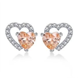 Qings November Topaz Birthstone Stud Earrings Hollow Yellow Citrine Heart-shaped Gemstone Cubic Zirconia 925 Sterling Silver Double Heart Present for Her