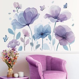RAINBOW WSK Purple Blue Flower Wall Decals Large Poppy Flower Butterfly Wall Stickers Removable Bouquet Floral Wall Decor for Girls Room Bedroom Living Room MG-C006