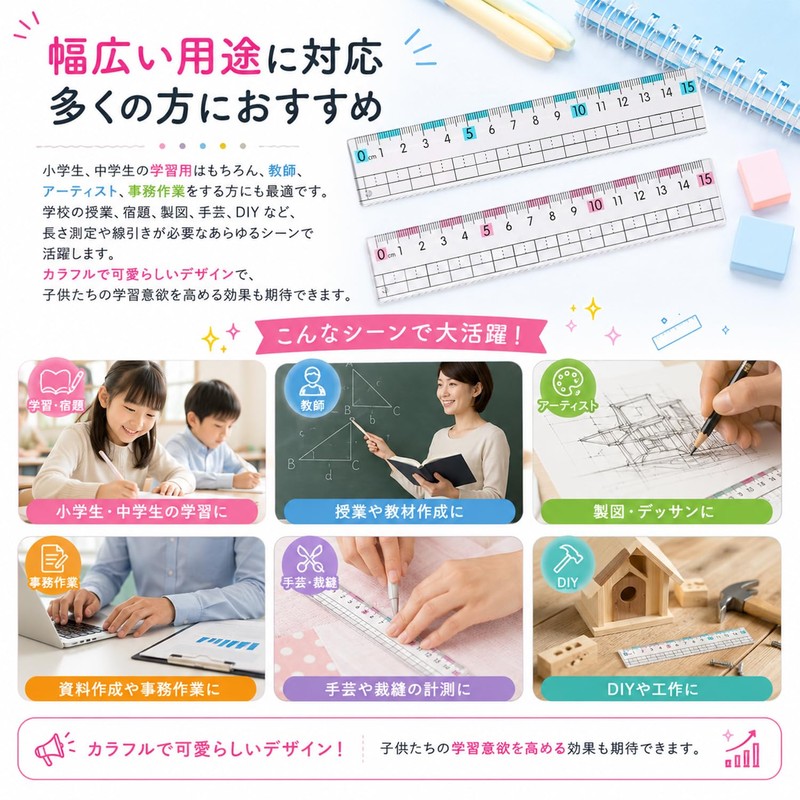 MircTuDou 定規 15cm 2 本セット 小学生 中学生 男女通用 方眼目盛り 波線エッジ