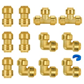SUNGATOR Plumbing Fittings 1/2 Inch, Push Pex Fittings 1/2 Inch, 5 Each Coupling and 90 Degree Elbow, Tee(2 PCS), No Lead Brass Push to Connect Pex Pipe,Copper,CPVC, with 1 Disconnect Clip, Pack of 12