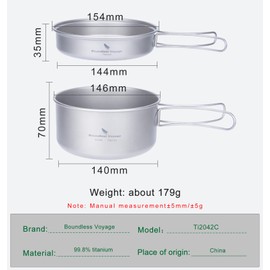 iBasingo Titanium Pot Pan Set Hanging Pot Camping Bowl Set Lightweight Titanium Canteen Kettle Outdoor Cookware Cooking Mess Kit with Folding Handle 1/2/3 Pieces/Set