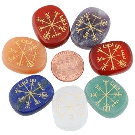 mookaitedecor 7 Piece Chakra Stones with Engraved Symbols Polished Palm Stone for Reiki Crystal Healing