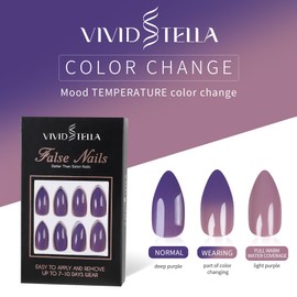 2 in 1 Color Changing Tips 24Pcs Temperature Color Change False Nails Purple Stiletto Nail Art Manicure Kit for Nail Art Home DIY
