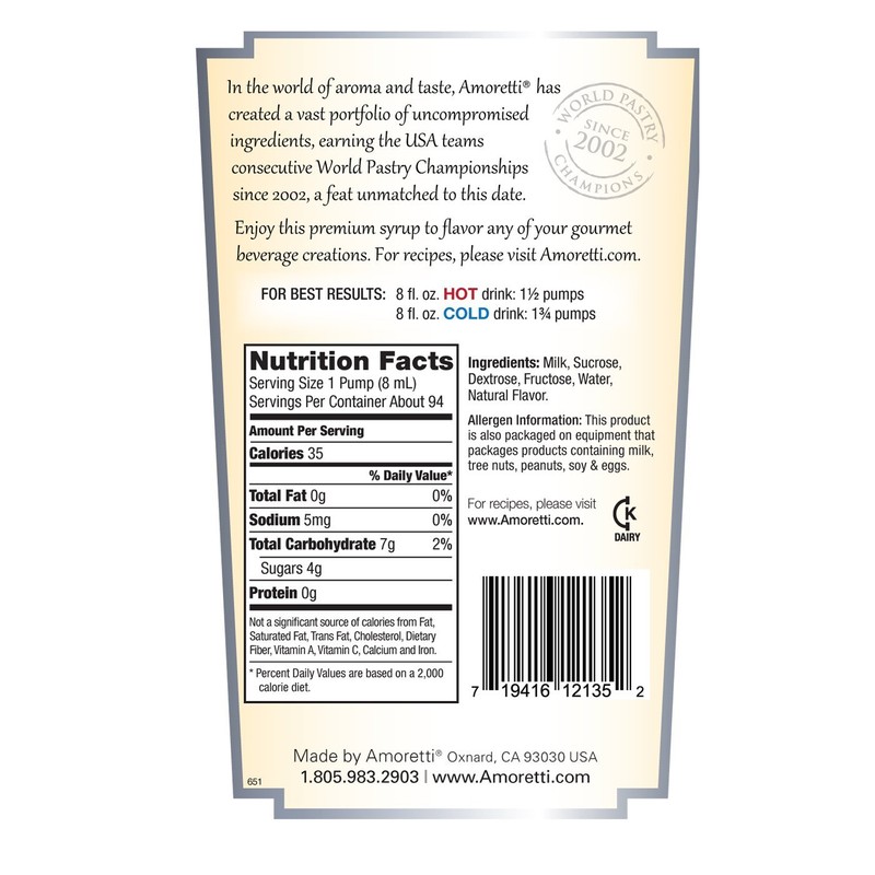 Amoretti Premium Syrup, Crema Di Vanilla, 25.4 Ounce