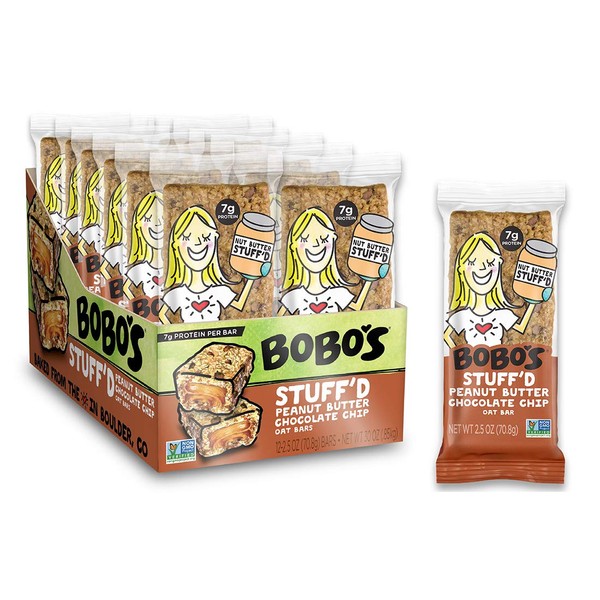 Bobo's Oat Stuff'd Bars, Chocolate Chip Peanut Butter, 2.5 oz Bars (12 Pack), Gluten Free Whole Grain Rolled Oat Bars, Vegan On-The-Go Snack
