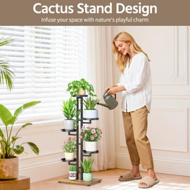 LASZOLA Black 5 Tiered Plant Stand Indoors Heavy Duty Metal Rack, Sturdy Multi Level Shleving Hold Flowers, Larger House Decorate Ladder for Planting Inside Tree Herb Cactus, Wooden Base, Space Saving