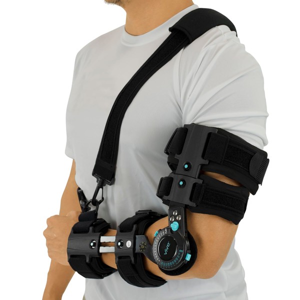 Vive Hinged Elbow Brace (Fits Left & Right) - Range of Motion Support Sling Stabilizer for Dislocated Arm - ROM Adjustable Splint & Shoulder Strap - Post Tendon Injury & Surgery Pain Relief Recovery