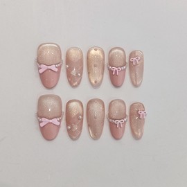 TENPAL Cute Sweet Handmade Press on Nails Almond,Ballet Butterfly Cat Eye Nude Pink Ombre French Tips Fake Nails with Tools, Reusable Spring Polka Dot Bow Pearl False Nails for Women 10pcs(L)