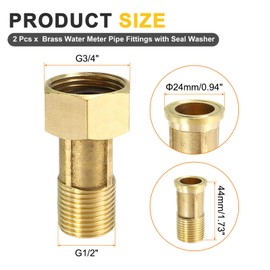 sourcing map 2Pcs Brass Water Meter Pipe Fitting, G1/2" Male x G3/4" Female Threaded Brass Hex Nipple Connector with Seal Washer for Water Meter Coupling Replacement and Repair