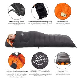 OMVMO 0-20 Degrees F Down Sleeping Bag for Adults - 4 Season Envelope With Arm Holes, Wearable for Free Movement - Ultralight, Compact for Backpacking and Camping