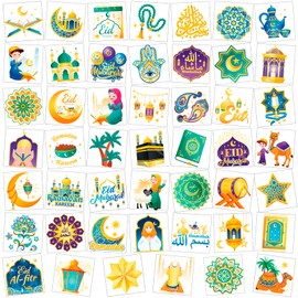 DPKOW 96pcs Eid Mubarak Tattoos Stickers for Adult Kids Islamic Body Art Supplies, Arabic Ramadan Moon Star Temporary Tattoo for Eid Party Favor Fillers, Mosque Hamsa Floral Muslim Prayer Beads Camel