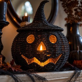 Black Handwoven Seagrass Pumpkin Jack-O-Lantern for Spooky Halloween Candy Storage, Rattan Pumpkin Ornament with Witch Hat Lid & Cutout, Includes LED Candle for Glow, Rustic Fall Decor