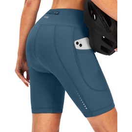Women's 4D Padded Bike Shorts Cycling Padding Riding Bicycle Road Mountain Biking Cycle Spin Shorts for Women with Zipper Pockets(Blue Grey,S)