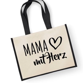 HUURAA Jute Bag Mum with Heart Carry Bag Black 21 Litres with Motif for the Greatest People Gift Idea for Friends and Family, multicoloured