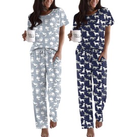 Ekouaer 2 Pack Womens Pajama Sets Short Sleeve Sleepwear Top and Pants 4 Piece Pjs Lounge Sets with Pockets Grey Cats/Black Dogs Large