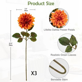 3Pcs Orange Artificial Dahlia Flowers Fall Fake Flower Silk Flowers with Long Stem 27.5" Floral Arrangements Bouquets Autumn Faux Dahlias Flowers for DIY Wedding Party Centerpieces Home Decor