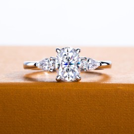 AimiIee Oval Cut Moissanite Engagement Rings for Women 2.1cttw(1.5CT Center Stone) D Color VVS1 Clarity 925 Sterling Silver 3-Stone Pear Cut Wedding Promise Anniversary Ring with Certificate Size 9