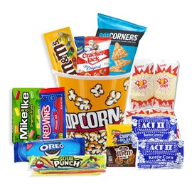 Movie Night Gift Basket Snacks Candy & Popcorn, Full size Treats for Kids, College Students & Family, Care Package Birthday Gift or popcorn lover, family night