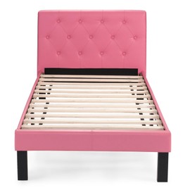 Maykoosh Elegant Escape Furniture Twin Upholstered Bed Frame with Slats in Pink Faux Leather Material, Including Headboard, Footboard and Rails - 84" L x 40" W x 35" H