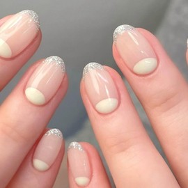 Hkanlre Almond Fake Nails Tips Short Press on Nails French Full Cover False Bling Nails for Women 24PCS