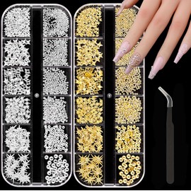 2 Boxes Gold Silver Nail Charms and Gems Set, 3D Gold Silver Star and Rhinestones Gems Nail Charms Nail Art Decorations for Acrylic Nail Accessories for Women Girl Manicure Accessories DlY Crafts
