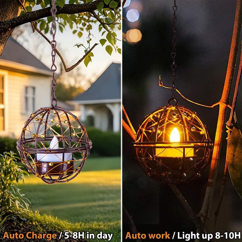 Outdoor Solar Hanging Lanterns Waterproof, Globe Hanging Candle Holder with