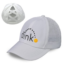 Funky Junque Criss Cross Ponytail Hats for Women with Ponytail Hole Adjustable Baseball Cap for High or Low Bun - Laser Cut: Dink (White)