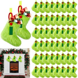 LaRandom 48 Pcs Christmas Faux Fur Stockings 6 Inch Mini Christmas Stocking Hanging Ornaments Small Fur Socks with Wooden Name Tag for Xmas Tree Home Fireplace Holiday Decor (Green,Heart)