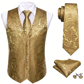Barry.Wang Mens Paisley Gold Waistcoat Flower Jacquard Silk Formal Vest Set for Party Tuxedo